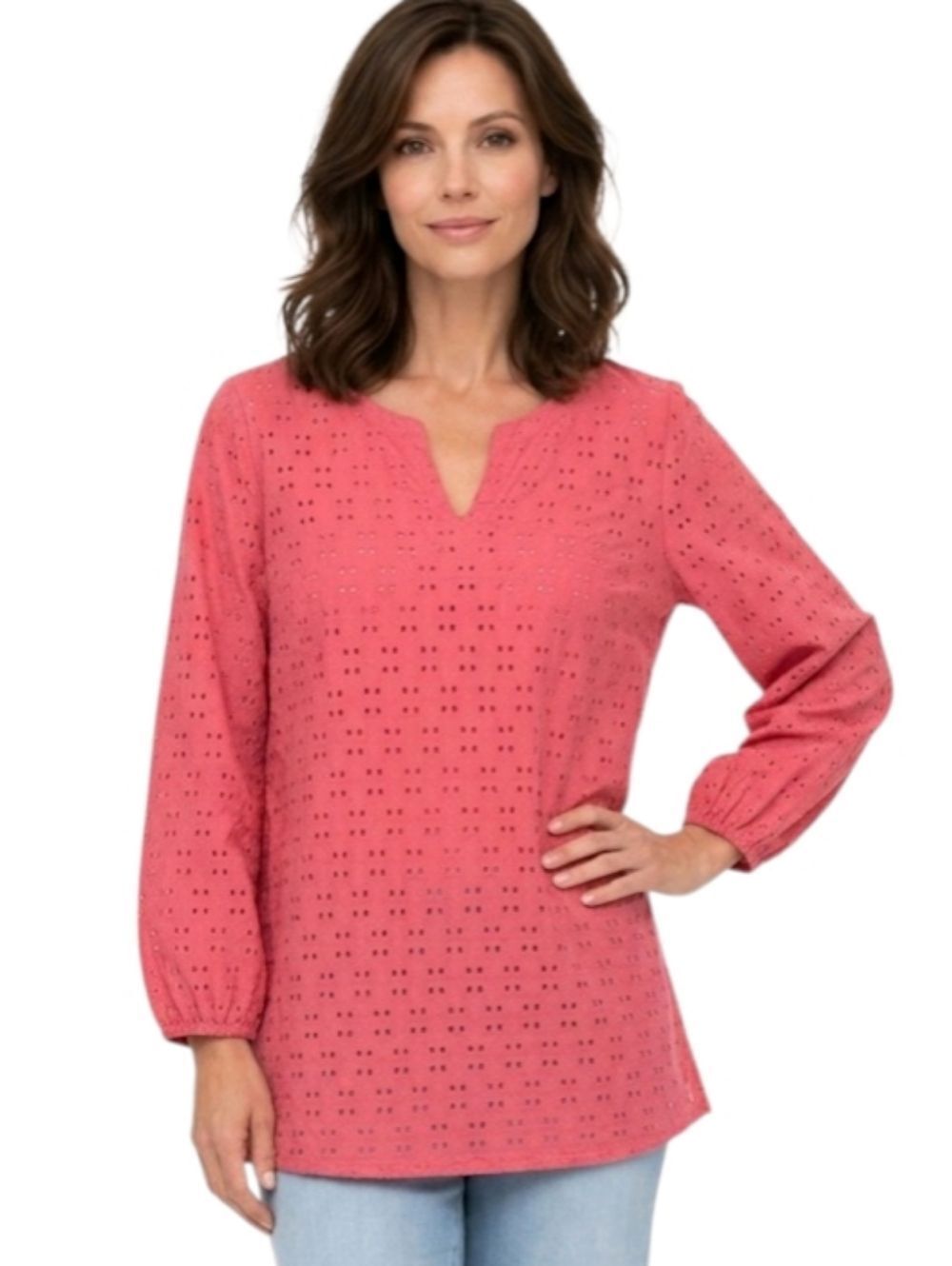 Susan Graver Passport Coral Eyelet Split-Neck Tunic Top Size L